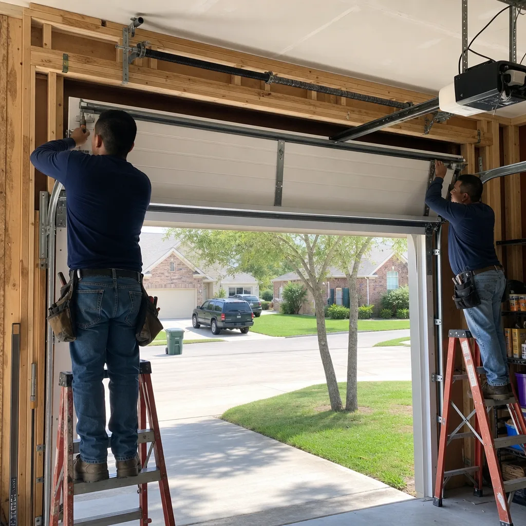 Two professional technicians performing a new garage door installation