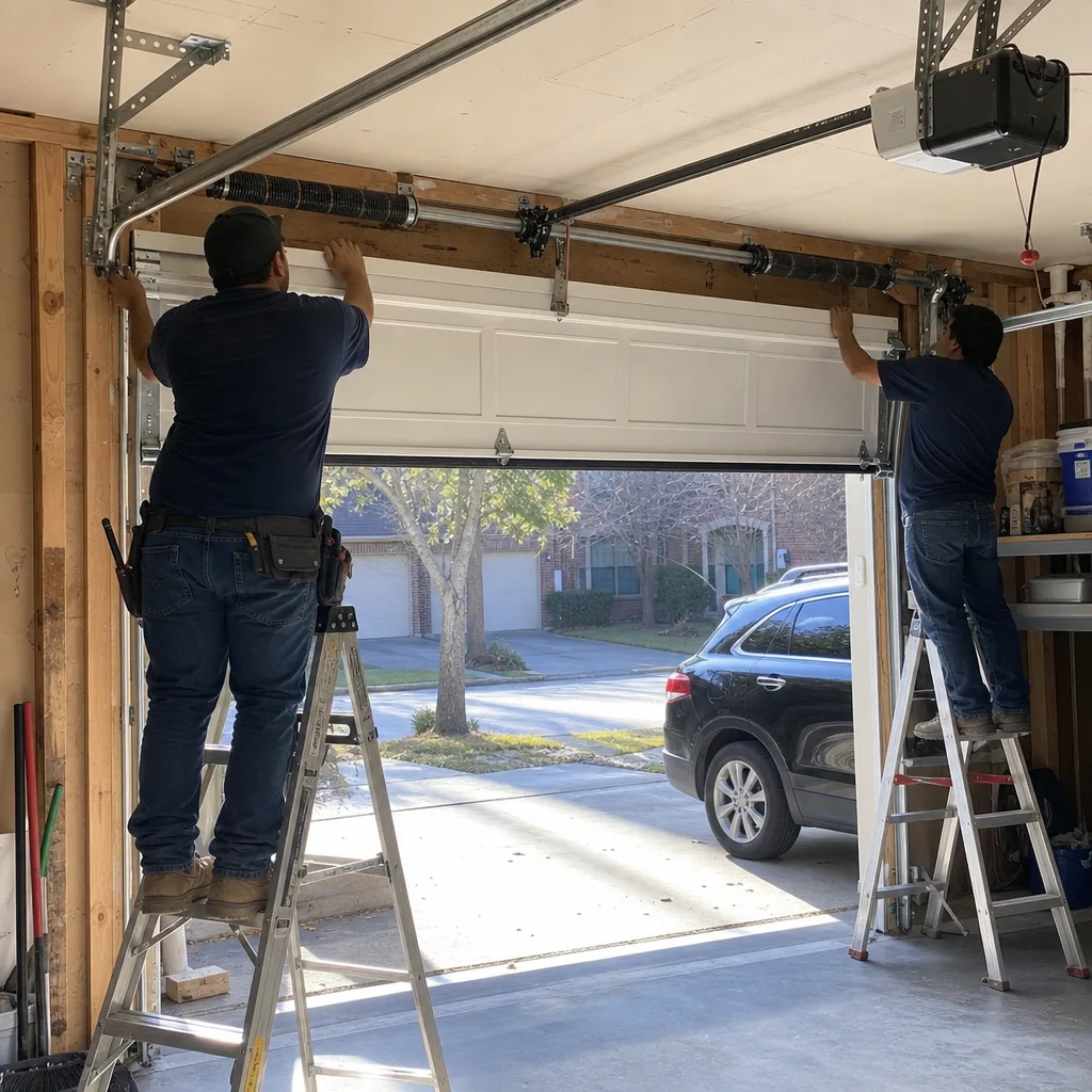 Two technicians performing a professional garage door installation on ladders.