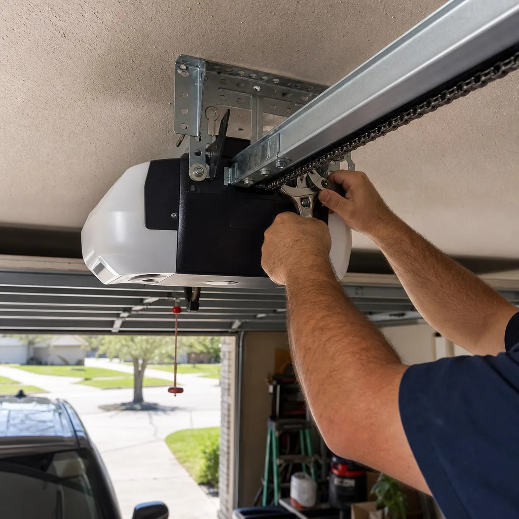 Technician performing garage door opener repair and maintenance