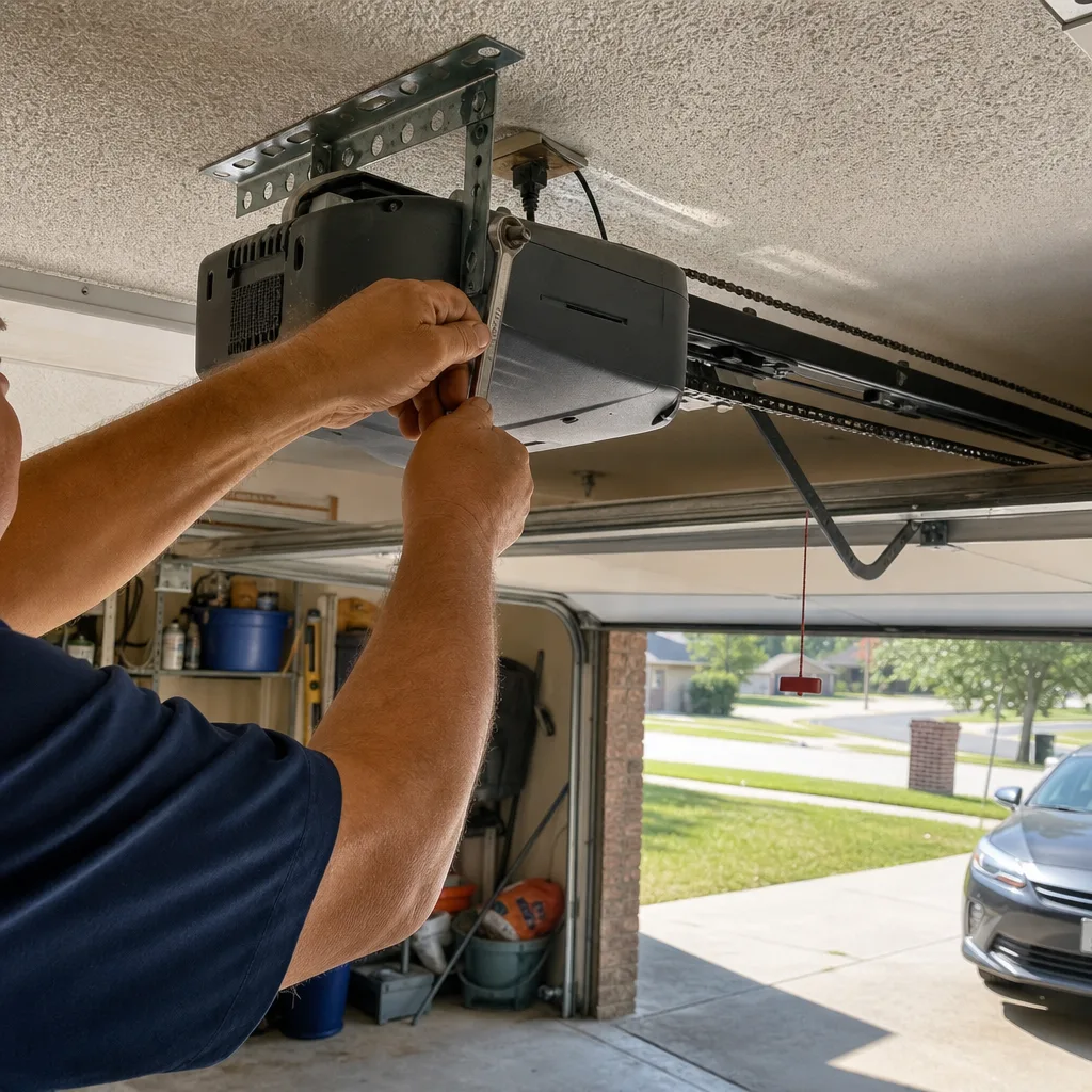 Technician performing garage door opener repair and installation