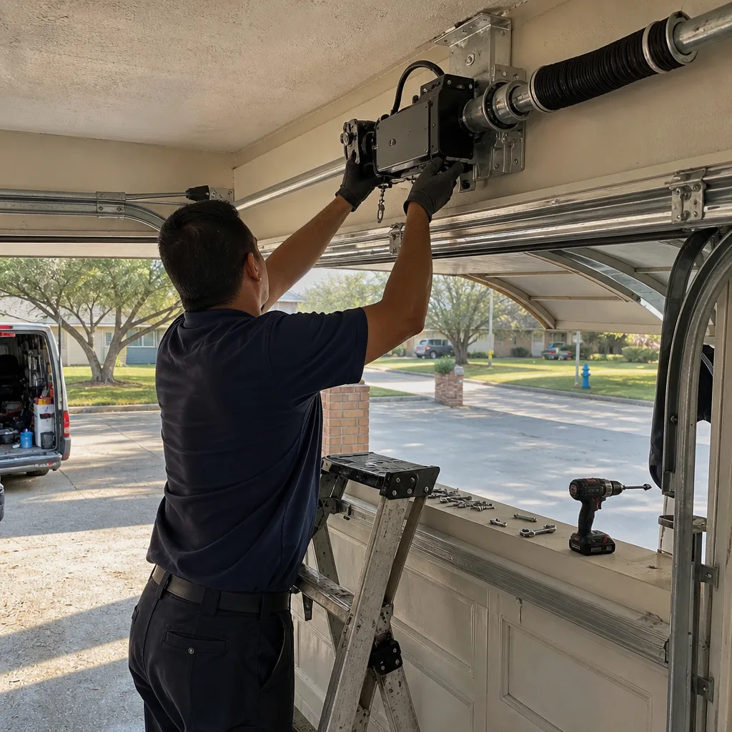 Technician performing professional garage door opener installation and repair