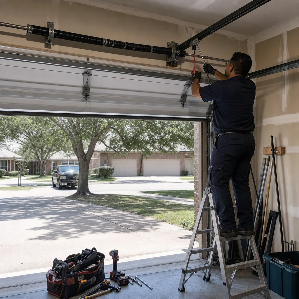 Professional technician performing garage door torsion spring repair