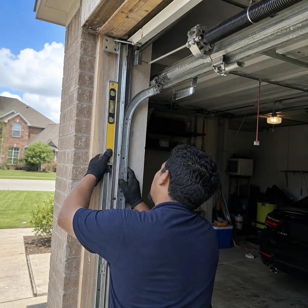Technician using a level to install or repair garage door tracks