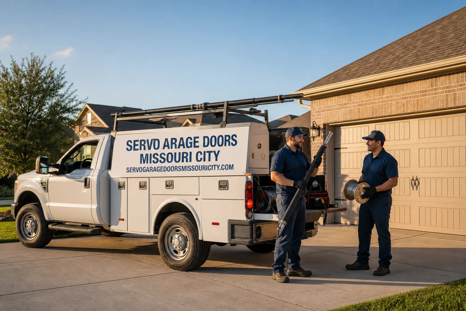Servo Garage Doors Missouri City garage door service vehicle and crew in Missouri City, TX